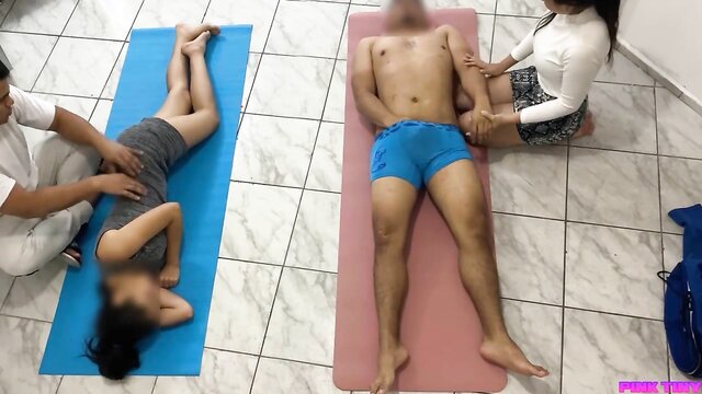 Couple massages lead to wife riding client\'s cock alongside husband, netorare twist. Japanese hardcore xxx tube video.
