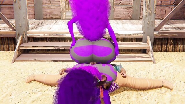 In this animated threesome, a guy gets sandwiched between two farting BBW skunks in a wild West setting.