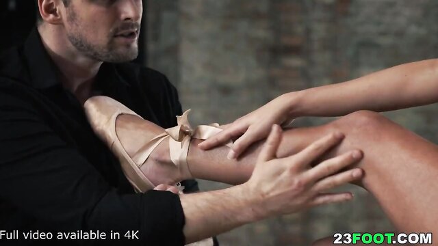 Super petite ballerina footjobs dude Ballerina Eveline Dellai dances on her lovely feet before Kristof Cale starts watching her. After dancing, Kristof rubs her feet then licks her toes. She sucks his hard cock