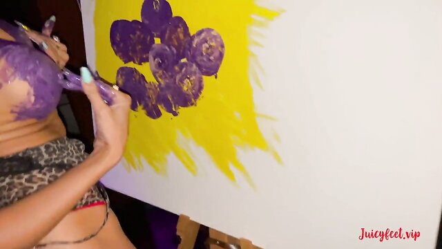 In this tantalizing video, an Italian beauty showcases her artistic talent by using her voluptuous breasts and nipples as a canvas. Expect a foot fetish twist with elegant body paint and a foot mistress.