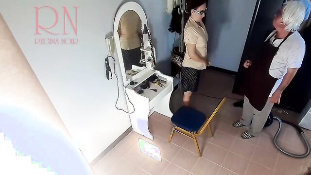 Camera In Nude Barbershop. Hairdresser Makes Lady Undress To Cut Her Hair. Barber, Nudism. Cam 21 A fat barber cuts a client\'s hair. Formerly he told the lady to undress, to keep the hair of the clothes clean of hair. The lady is very confused. She is embarrassed to strip naked. She had to undress