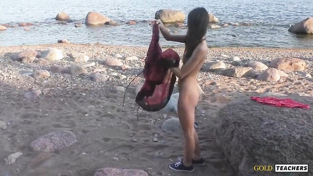 POV Beautiful teen sucks cock on public beach. You meet young beautiful teen on coast of Baltic sea. She is so horny and take off all her clothes coz want to show you her perfect nude body and give you good blowjob and get your cum in her mouth.