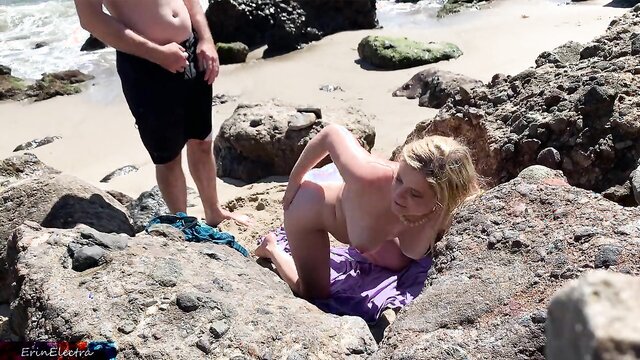 Voluptuous blonde sunbathing nude on the beach fucks passer-by Sexy blonde on the beach gets naked then invites a random guy to fuck. Sex on the beach!