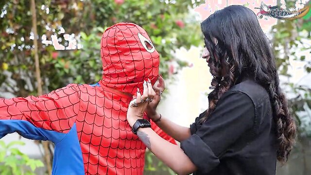 Sensual 18-year-old Indian girl indulges in hardcore double penetration with superhero-themed props, creating a captivating XXX tube experience.